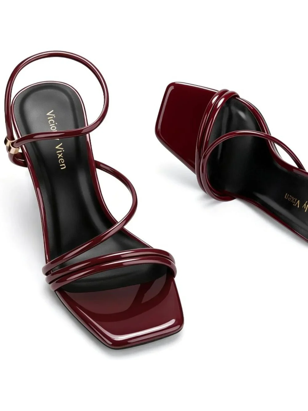 Women's Burgundy Faux Leather Strappy Square Open Toe Ankle Strap Heels Sandals